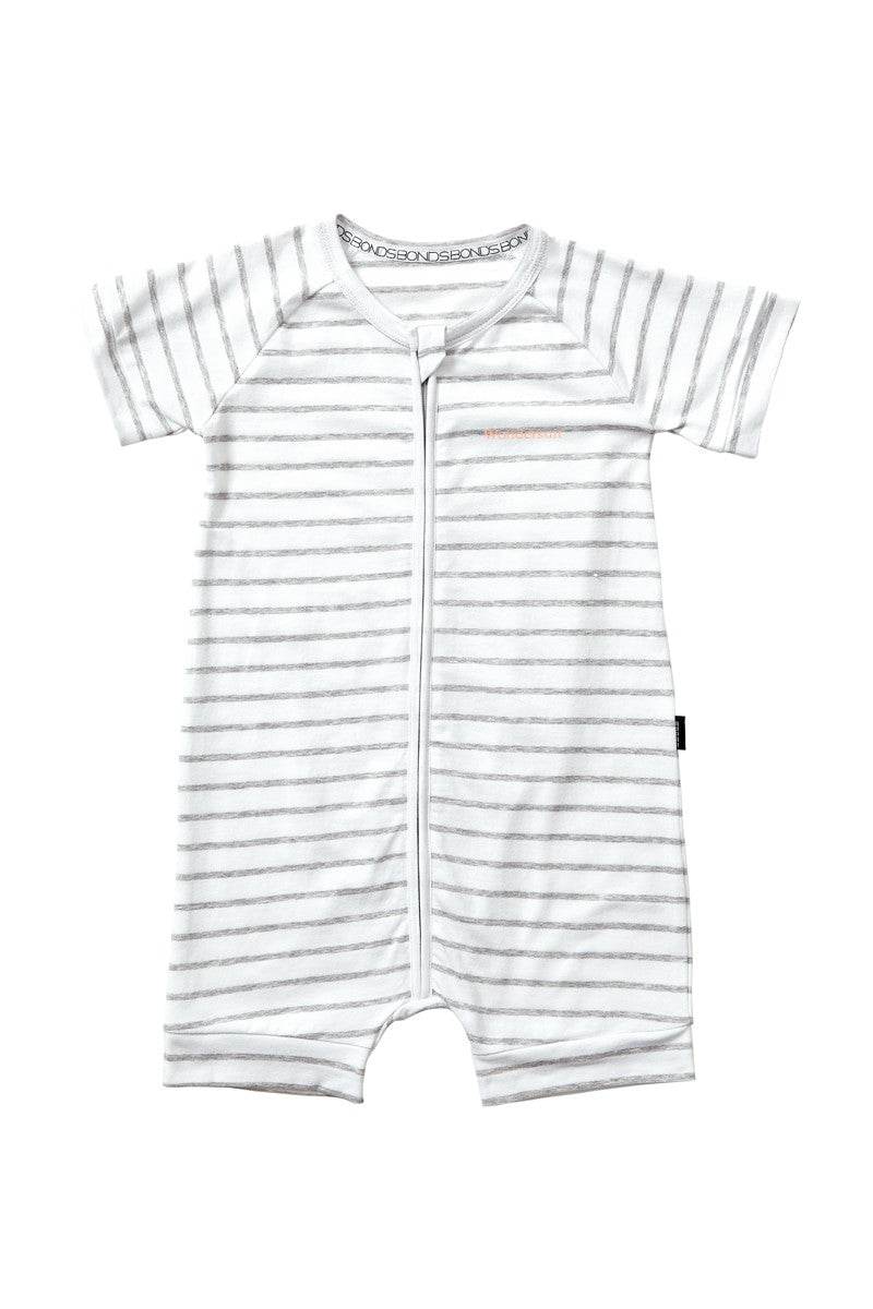 Bonds Short Sleeve Zip Wondersuit Romper - New Grey Marle & White Stripe - Outlet Shop For Kids