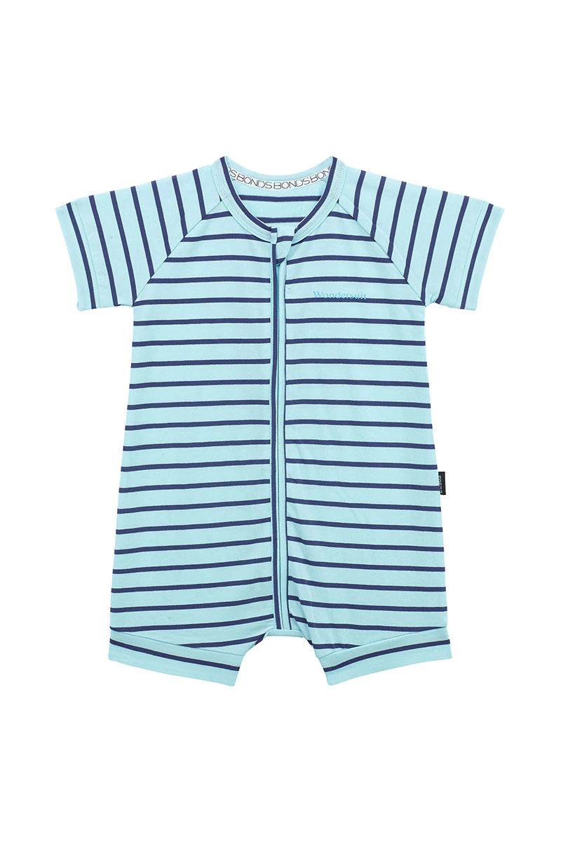 Bonds Short Sleeve Zip Wondersuit Romper - Unreal Aqua & Got The Blues Stripe - Outlet Shop For Kids