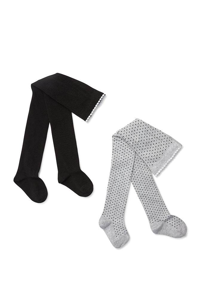 Marquise Girls 2 Pack Tights - Grey Marle Dots/Black - Outlet Shop For Kids