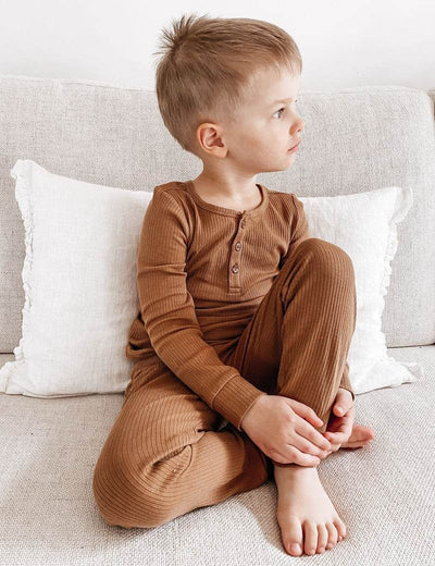 Purebaby Rib Long Sleeve Henley Tee - Chocolate - Outlet Shop For Kids