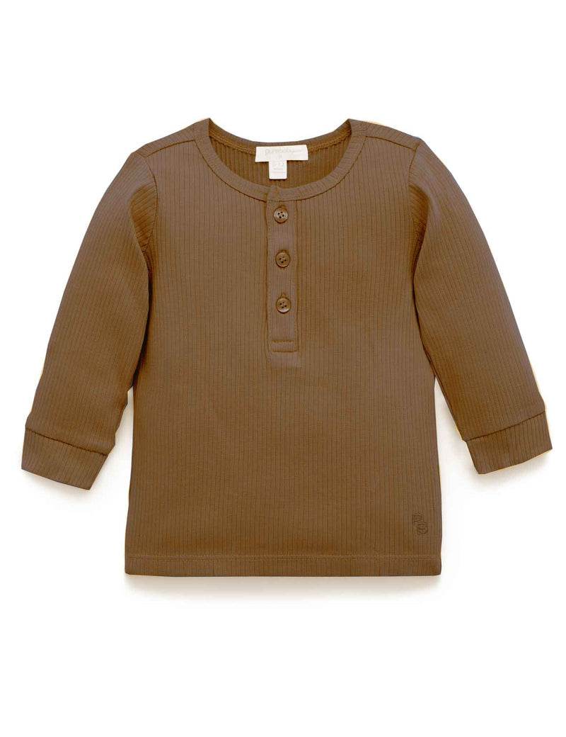 Purebaby Rib Long Sleeve Henley Tee - Chocolate - Outlet Shop For Kids